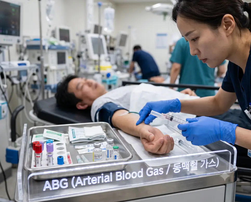 한국인 응급의학과 의료진이 요골동맥에서 동맥혈 가스 분석용 혈액을 채혈하며 카트에 "ABG (Arterial Blood Gas / 동맥혈 가스)" 텍스트가 표시된 극실사 응급 처치실 이미지