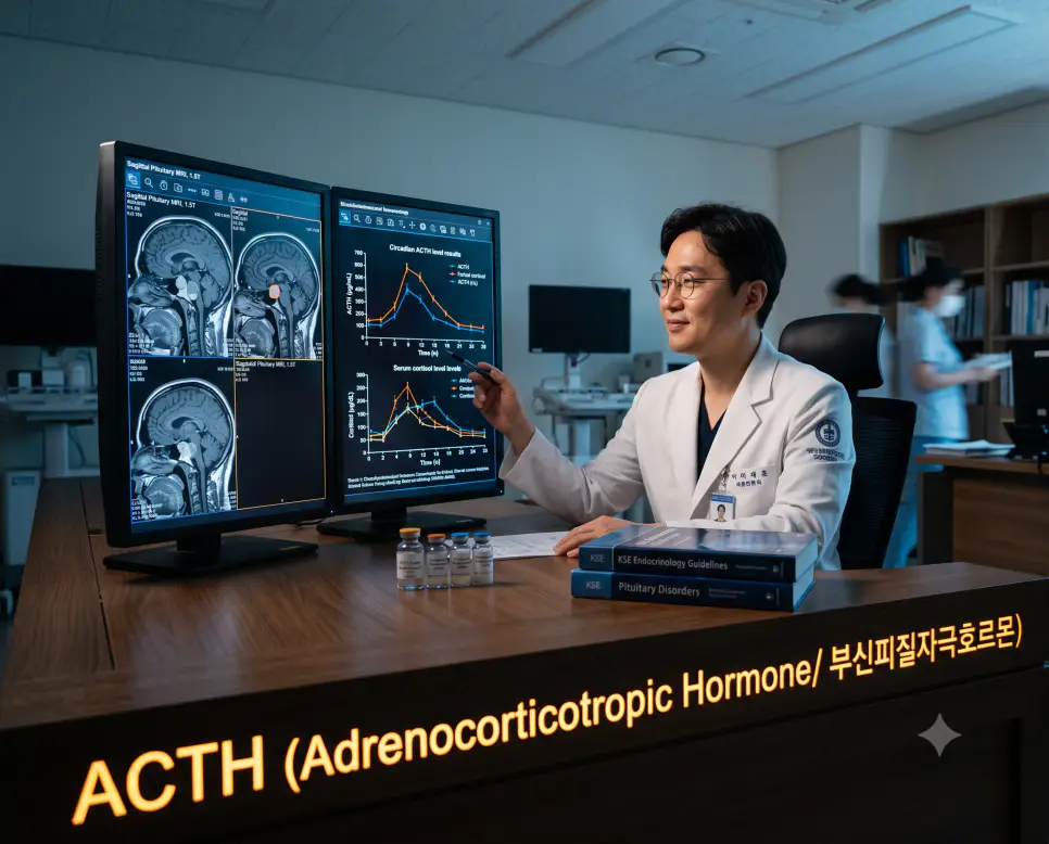 한국인 내분비내과 의사가 뇌하수체 MRI와 호르몬 분비 수치를 판독하며 콘솔에 "ACTH (Adrenocorticotropic Hormone / 부신피질자극호르몬)" 텍스트가 표시된 극실사 판독실 이미지