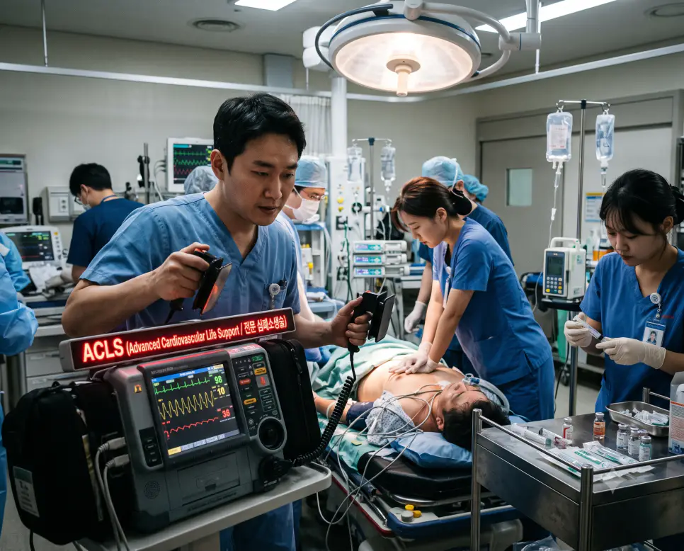 한국인 응급의학과 의료진이 제세동기와 심폐소생술을 지휘하며 장비에 "ACLS (Advanced Cardiovascular Life Support / 전문 심폐소생술)" 텍스트가 표시된 극실사 응급소생실 사진