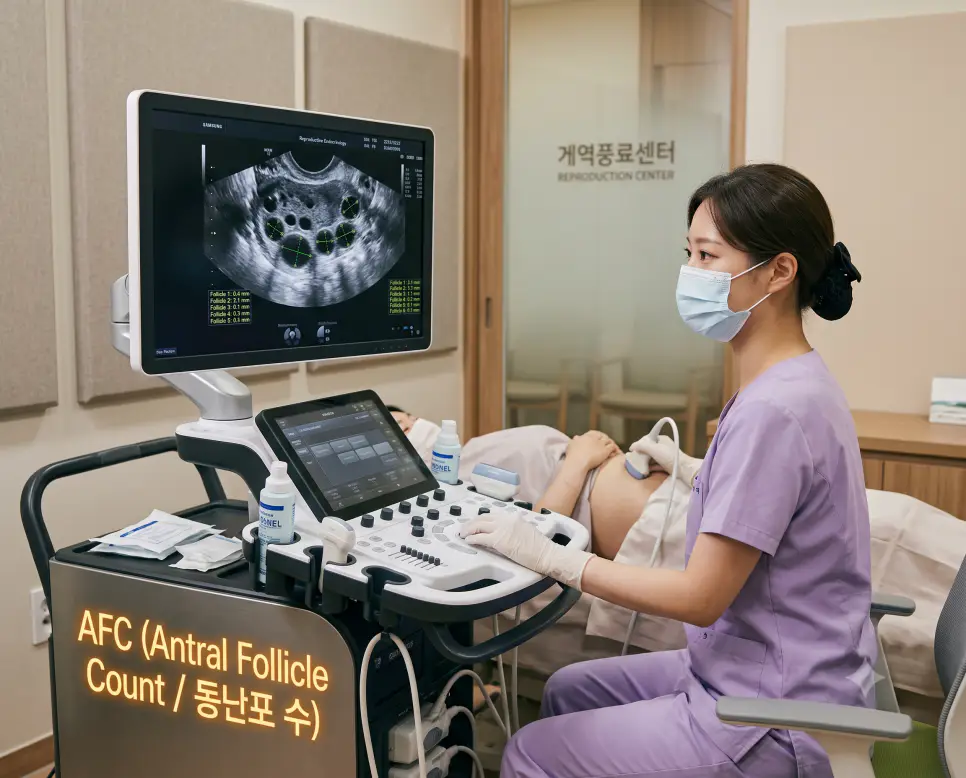 한국인 산부인과 의사가 난임 클리닉에서 초음파로 양측 난소 내 초기 동난포 개수를 정밀 측정하며 진료 장비에 "AFC (Antral Follicle Count / 동난포 수)" 텍스트가 표시된 극실사 임상 초음파 이미지
