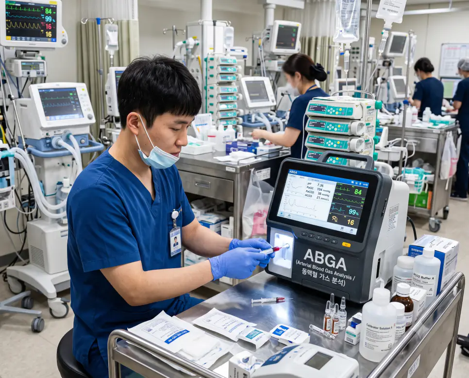 한국인 중환자실 간호사가 휴대용 분석기에 검체를 주입하여 동맥혈 가스를 분석하며 장비에 "ABGA (Arterial Blood Gas Analysis / 동맥혈 가스 분석)" 텍스트가 표시된 극실사 ICU 검사 사진