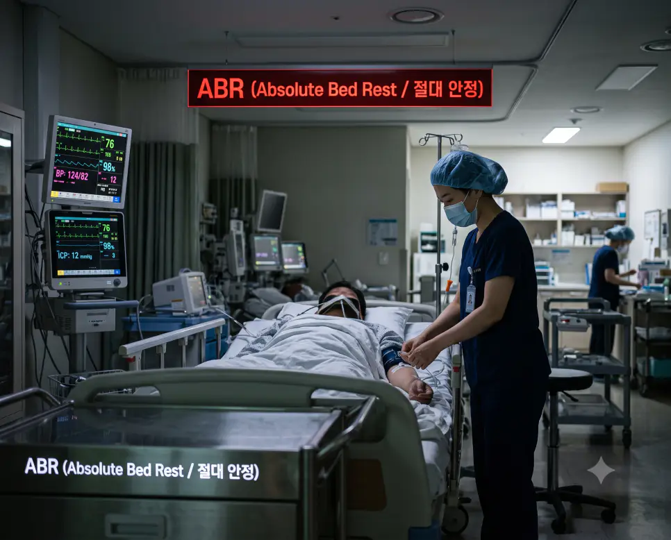 한국인 중환자실 간호사가 절대 안정 환자의 침상 상태를 점검하며 "ABR (Absolute Bed Rest / 절대 안정)" 표식이 선명하게 표시된 극실사 병동 이미지