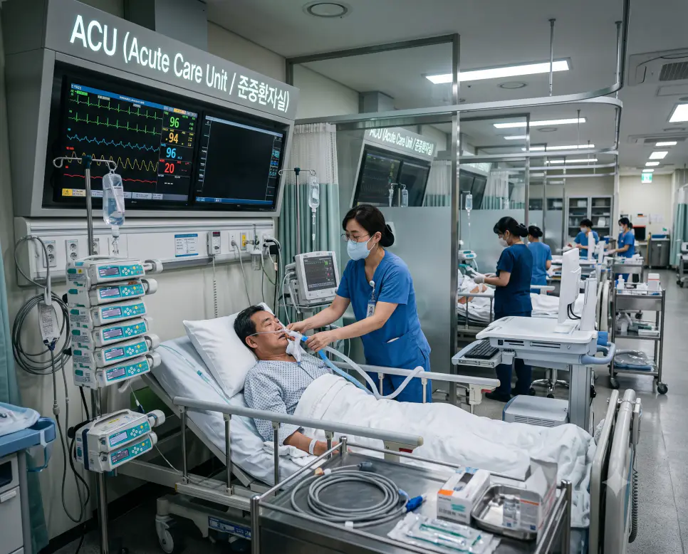 한국인 준중환자실 간호사가 환자의 산소 치료와 생체 징후 모니터를 점검하며 병동 장비에 "ACU (Acute Care Unit / 준중환자실)" 텍스트가 어우러진 극실사 집중치료실 사진