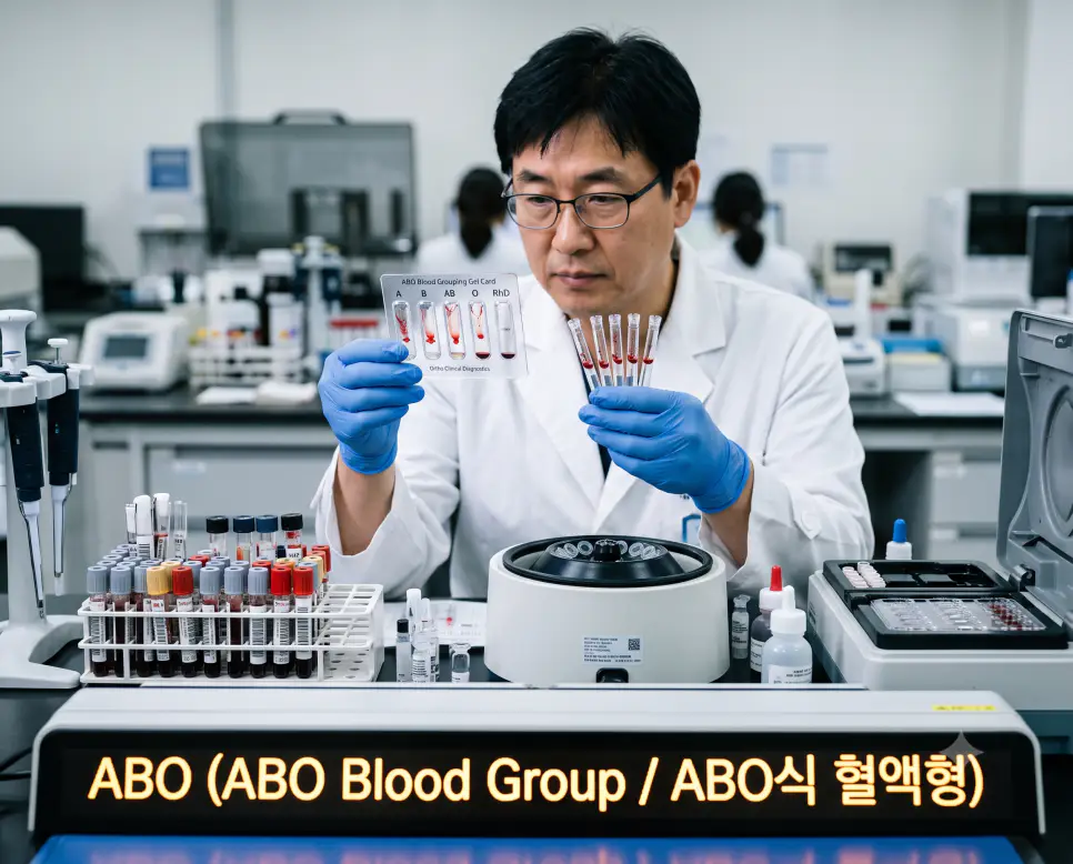 한국인 수혈의학 검사실 연구원이 ABO 혈액형 검사 카드의 응집 반응을 확인하며 "ABO (ABO Blood Group / ABO식 혈액형)" 텍스트가 표시된 극실사 임상병리실 이미지