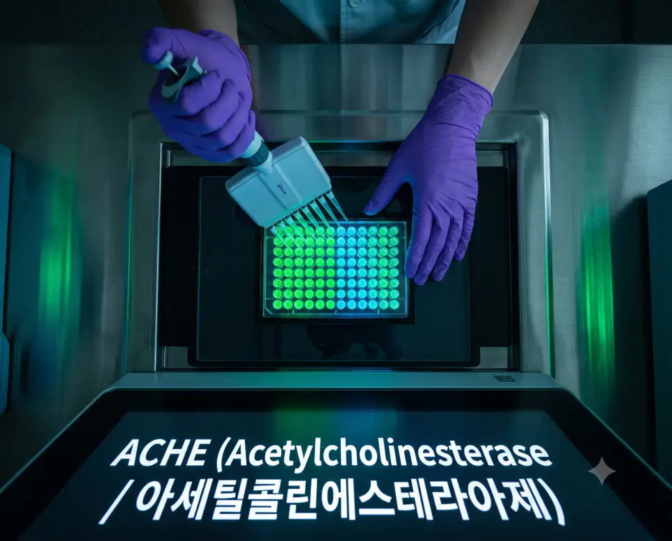 암실 연구실에서 형광 발색 96웰 플레이트를 탑다운 뷰로 내려다보며 "ACHE (Acetylcholinesterase / 아세틸콜린에스테라아제)" 텍스트가 표시된 극실사 생화학 분석 이미지