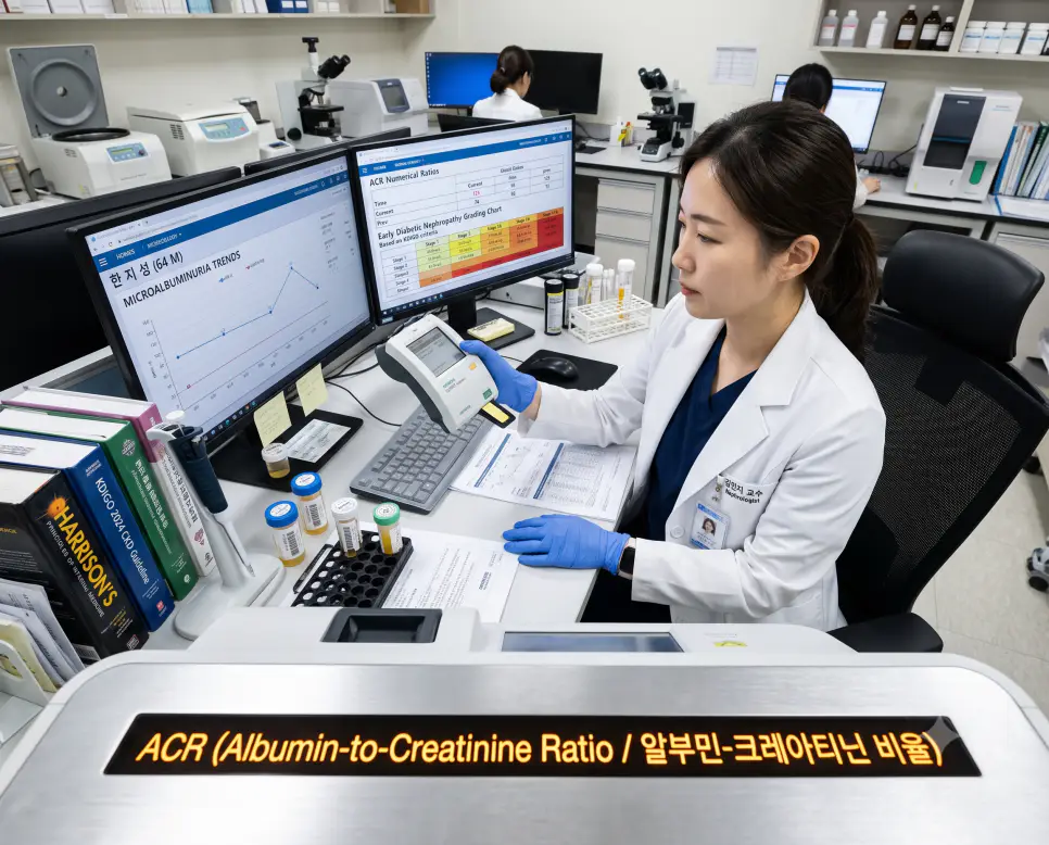 한국인 신장내과 전문의가 소변 검사 분석기와 전자차트 수치를 판독하며 분석기에 "ACR (Albumin-to-Creatinine Ratio / 알부민-크레아티닌 비율)" 텍스트가 표시된 극실사 진단 검사실 이미지