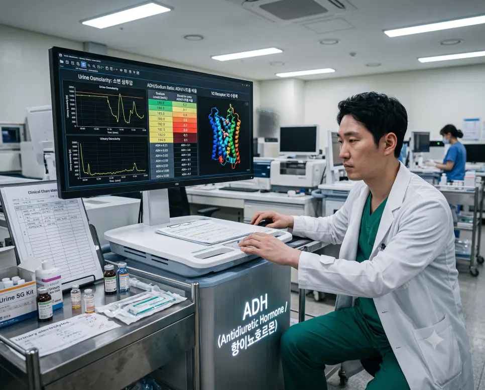한국인 신장내과 의사가 검사실에서 환자의 소변 농축도와 항이뇨호르몬 균형 데이터를 확인하며 "ADH (Antidiuretic Hormone / 항이뇨호르몬)" 텍스트가 각인된 극실사 로우앵글 사진