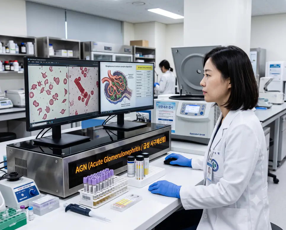 한국인 신장내과 의사가 검사실에서 급성 사구체신염 환자의 요침사 적혈구 원주 현미경 영상을 분석하며 장비에 "AGN (Acute Glomerulonephritis / 급성 사구체신염)" 텍스트가 표시된 극실사 진단 사진