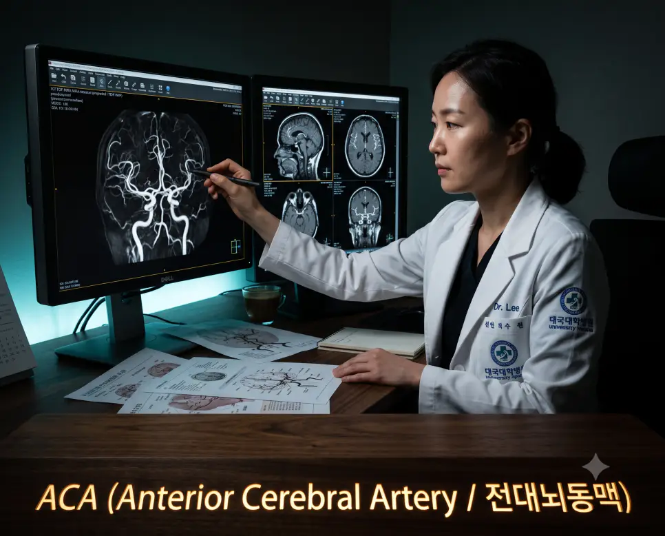 한국인 신경과 전문의가 3D 뇌혈관 MRA 화면에서 전대뇌동맥 분지를 판독하며 워크스테이션에 "ACA (Anterior Cerebral Artery / 전대뇌동맥)" 텍스트가 표시된 극실사 뇌혈관 판독실 이미지