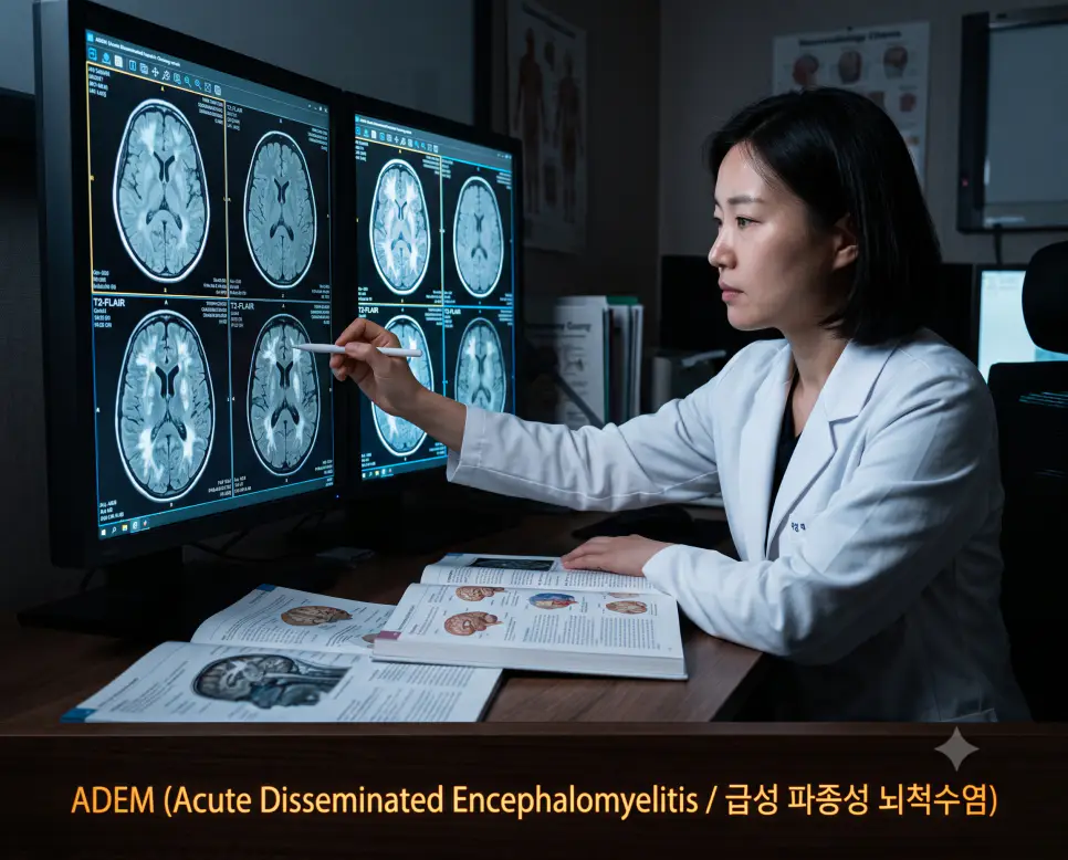 한국인 신경과 의사가 판독실에서 소아 환자의 뇌 MRI 확산 강조 영상과 탈수초 병변을 판독하며 "ADEM (Acute Disseminated Encephalomyelitis / 급성 파종성 뇌척수염)" 텍스트가 표시된 극실사 임상 이미지