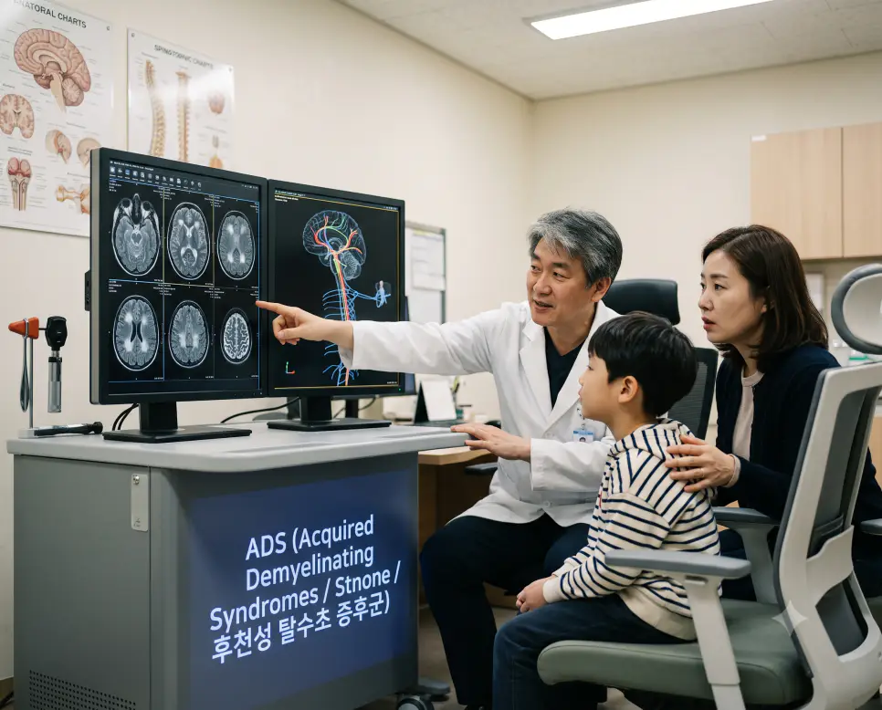 한국인 소아신경과 전문의가 아이의 뇌 MRI 전방 뇌실 주변 탈수초 병변을 보호자에게 설명하며 진료 카트에 "ADS (Acquired Demyelinating Syndromes / 후천성 탈수초 증후군)" 텍스트가 표시된 극실사 판독 상담 사진