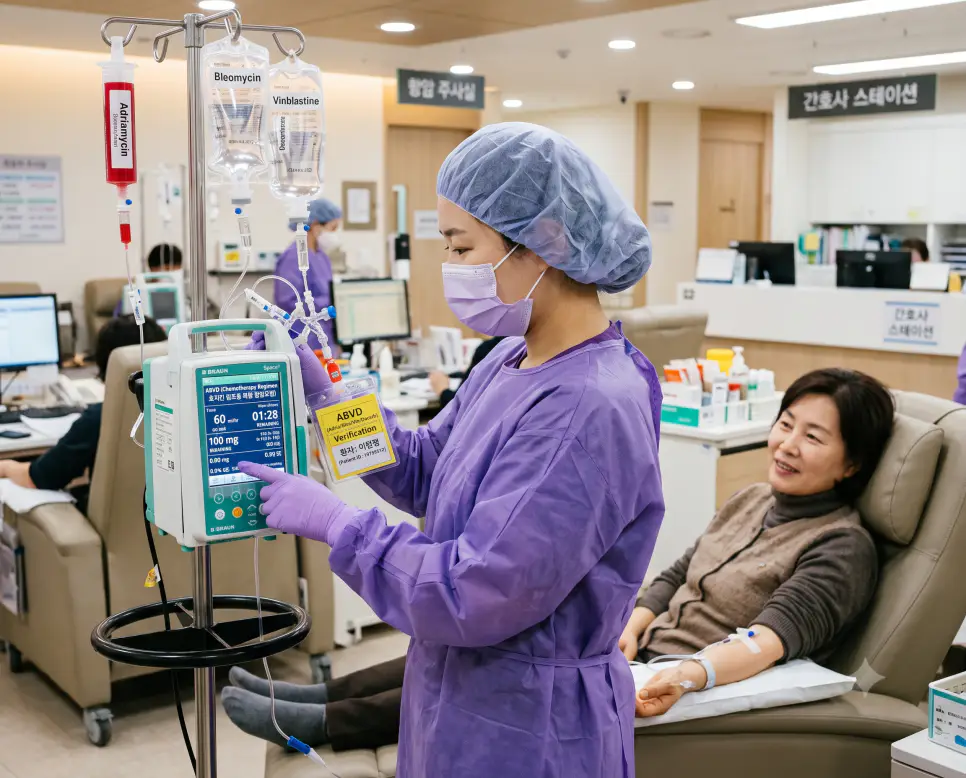 한국인 종양전문 간호사가 인퓨전 펌프로 호지킨 림프종 복합 항암제를 투여하며 "ABVD (Chemotherapy Regimen / 호지킨 림프종 복합 항암요법)" 텍스트가 표시된 극실사 항암치료실 사진