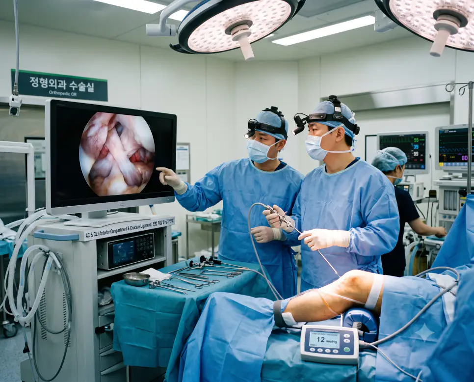 한국인 정형외과 수술팀이 관절경 모니터로 전방 격실과 십자인대를 점검하며 "AC & CL (Anterior Compartment & Cruciate Ligament / 전방 격실 및 십자인대)" 텍스트가 어우러진 극실사 수술실 사진