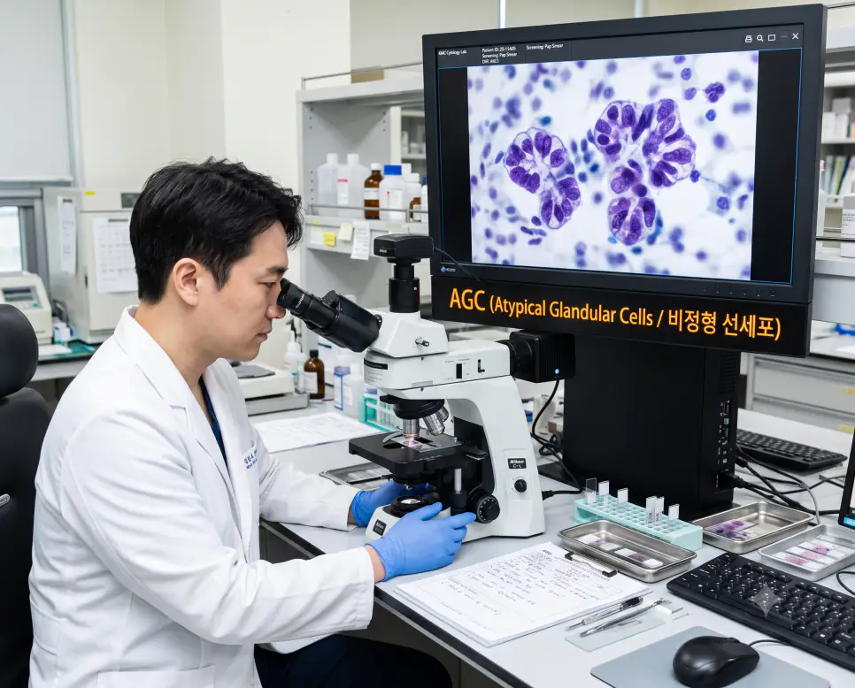 한국인 병리과 의사가 현미경으로 자궁경부 비전형 선세포 도말 검체를 판독하며 모니터에 "AGC (Atypical Glandular Cells / 비정형 선세포)" 텍스트가 표시된 극실사 세포병리실 이미지