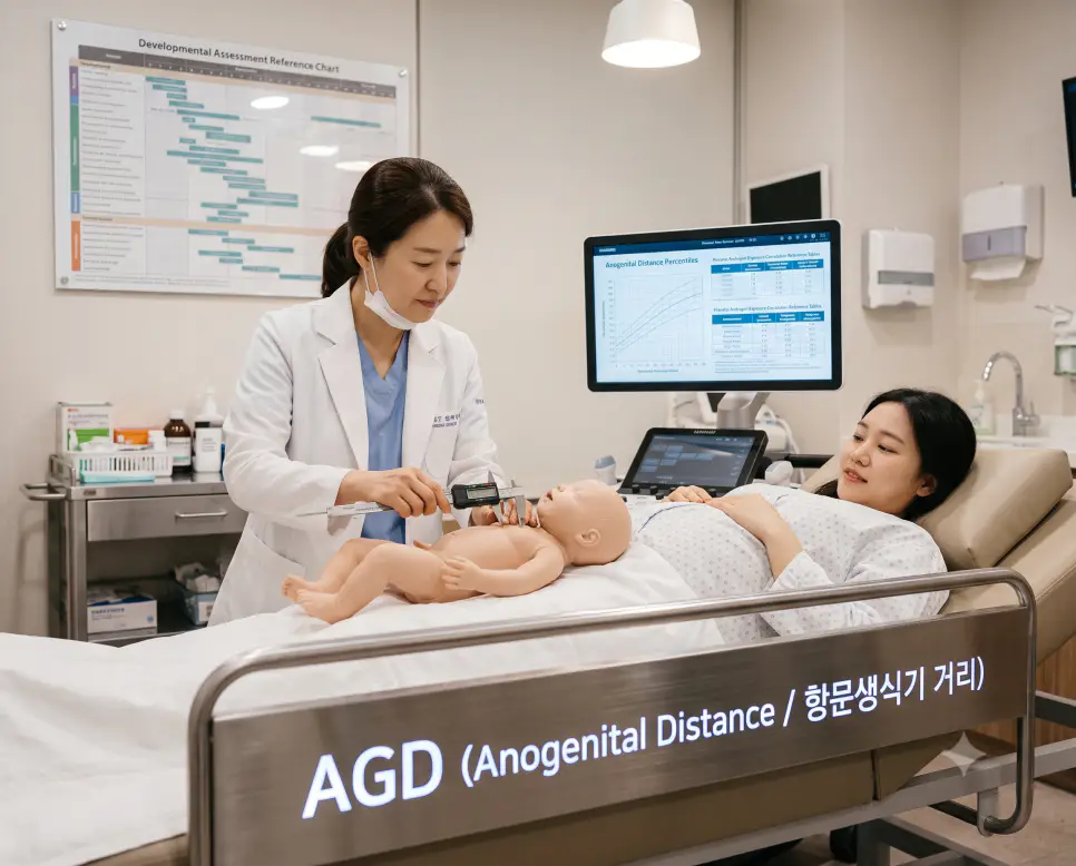 한국인 소아과 전문의가 정밀 캘리퍼로 신생아 발달 계측 지표를 측정하며 "AGD (Anogenital Distance / 항문생식기 거리)" 텍스트가 각인된 극실사 임상 진료 사진
