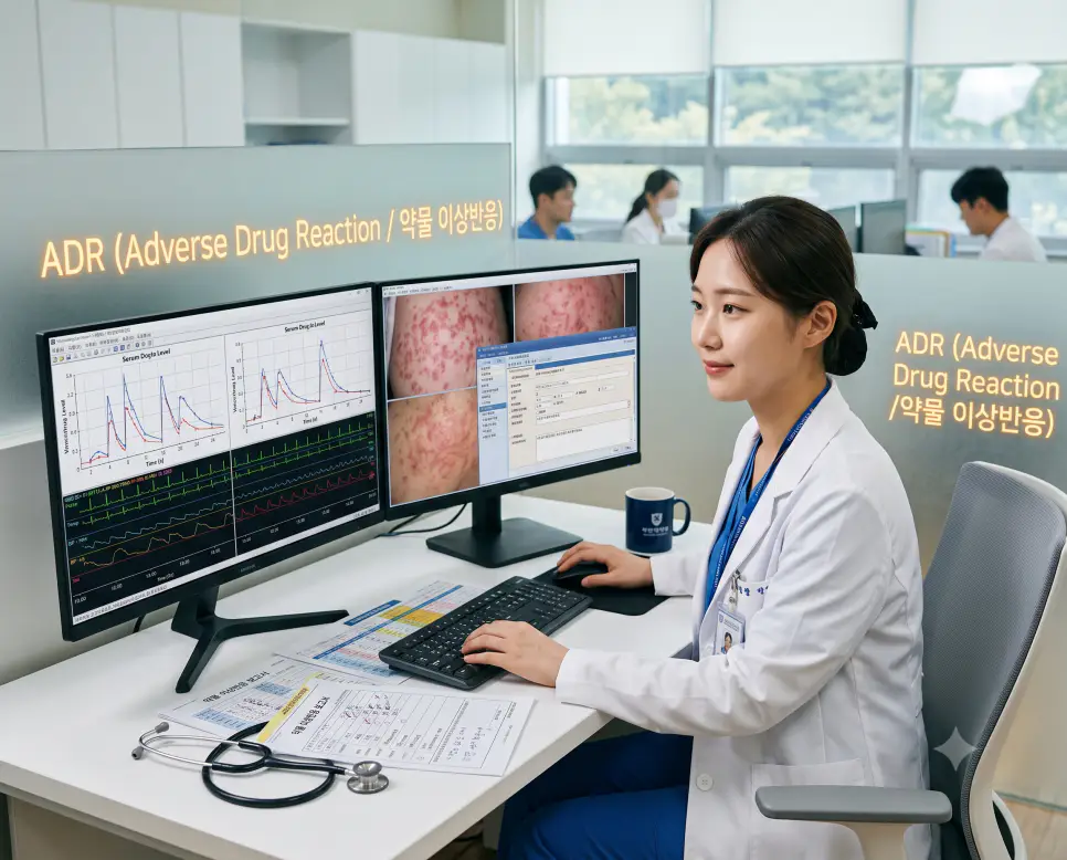 한국인 임상약사가 전자 의무기록과 이상반응 그래프를 분석하며 예상치 못한 약물 유해 반응을 보고서에 기록하며 유리벽에 "ADR (Adverse Drug Reaction / 약물 이상반응)" 텍스트가 표시된 극실사 약물안전 센터 이미지