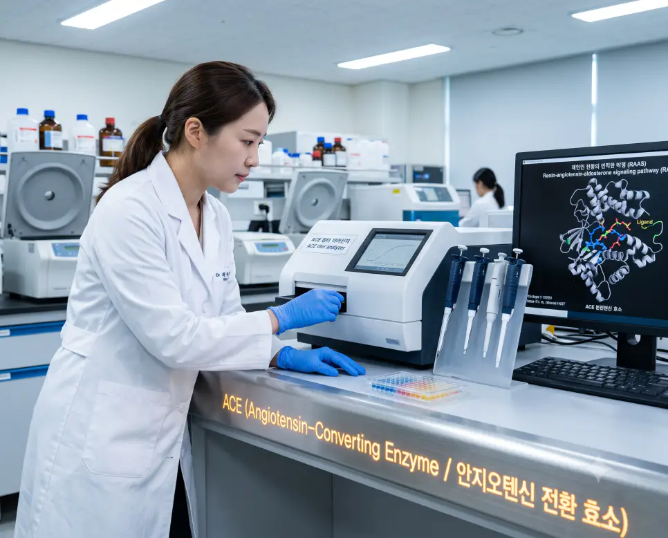 한국인 임상약리학 연구원이 효소 면역 측정 장비와 안지오텐신 분자 구조를 확인하며 워크스테이션에 "ACE (Angiotensin-Converting Enzyme / 안지오텐신 전환 효소)" 텍스트가 표시된 극실사 약리학 연구실 이미지