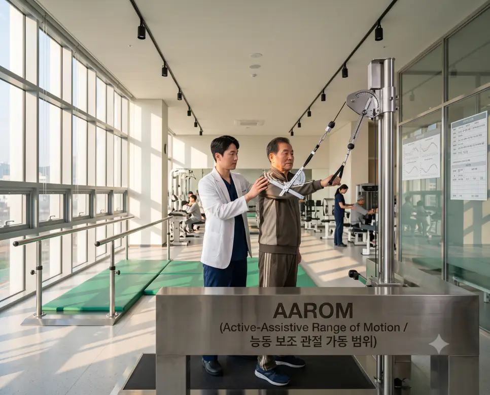 한국인 물리치료사가 재활 치료실에서 환자의 능동 보조 관절 운동을 돕고 재활 스테이션에 "AAROM (Active-Assistive Range of Motion / 능동 보조 관절 가동 범위)" 텍스트가 표시된 극실사 재활의학 사진