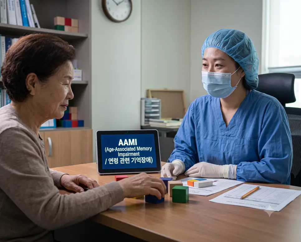 한국인 임상심리사가 기억클리닉에서 어르신 환자의 기억력 평가를 진행하며 화면에 "AAMI (Age-Associated Memory Impairment / 연령 관련 기억장애)" 텍스트가 표시된 극실사 인지검사 이미지