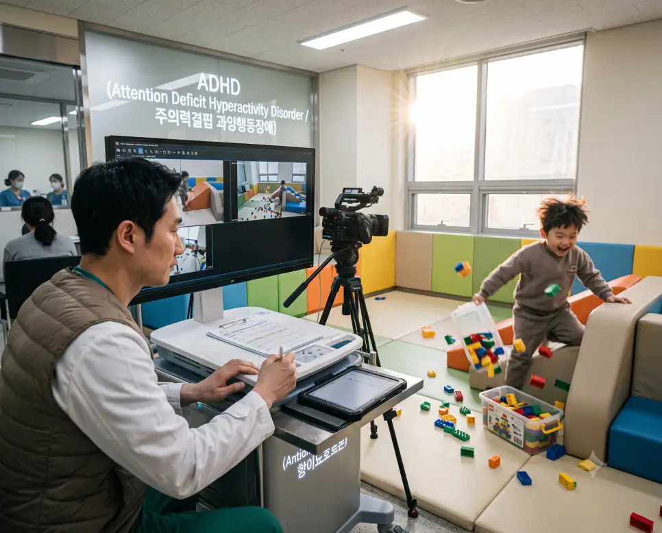한국인 소아정신과 의사가 놀이치료실에서 아이가 장난감을 흩뿌리고 과잉행동을 보이는 순간을 dynamic하게 관찰 기록하며 장비에 "ADHD (Attention Deficit Hyperactivity Disorder / 주의력결핍 과잉행동장애)" 텍스트가 각인된 극실사 정신건강의학 사진