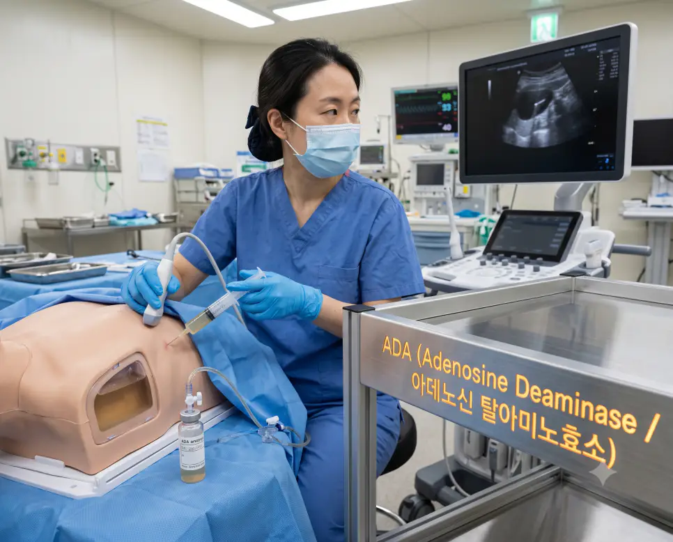 한국인 호흡기내과 의사가 시술실에서 초음파 유도 하에 결핵성 흉막염 환자의 흉수를 채취하며 카트에 "ADA (Adenosine Deaminase / 아데노신 탈아미노효소)" 텍스트가 표시된 극실사 procedural 이미지