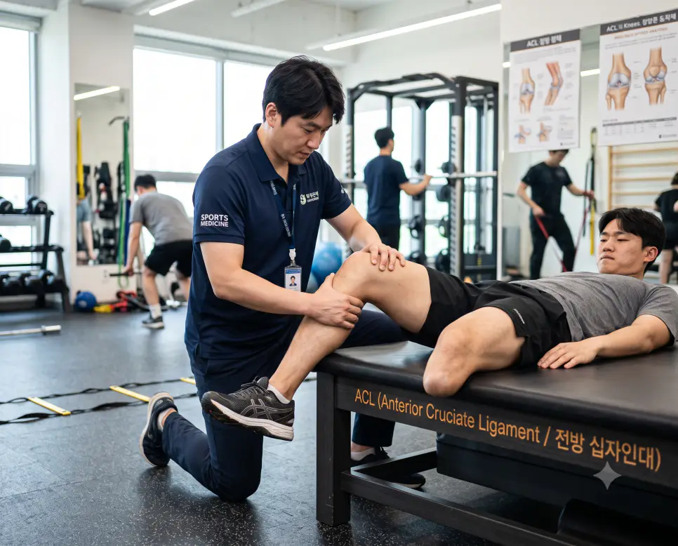 한국인 스포츠의학 전문의가 환자의 전방 십자인대 라크만 검사를 시행하며 침대에 "ACL (Anterior Cruciate Ligament / 전방 십자인대)" 텍스트가 표시된 극실사 로우앵글 임상 이미지