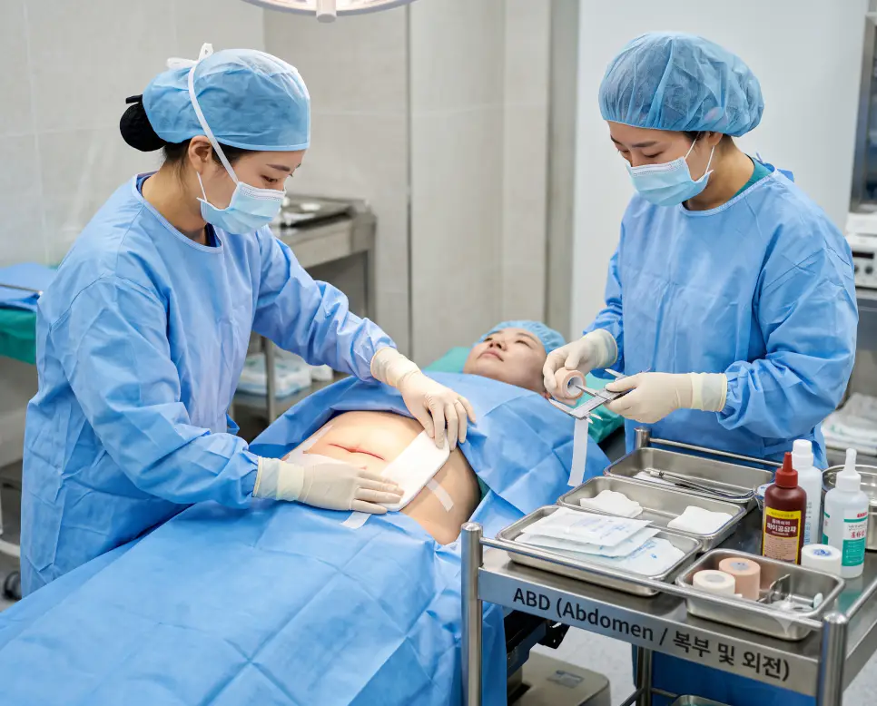한국인 외과 의사가 처치실에서 환자의 복부를 촉진 검진하며 진료 카트에 "ABD (Abdomen / 복부 및 외전)" 텍스트가 어우러진 극실사 수술 처치실 사진