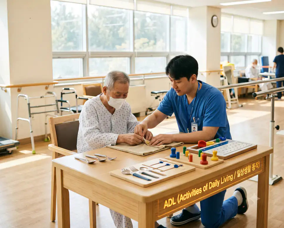 한국인 작업치료사가 노인 환자의 일상생활 동작 수행 능력을 평가 보조하며 테이블에 "ADL (Activities of Daily Living / 일상생활 동작)" 텍스트가 표시된 극실사 재활치료실 이미지