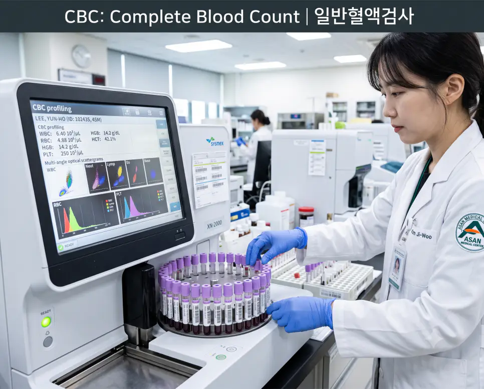 진단검사의학과 혈액학 검사실에서 임상병리사가 보라색 튜브를 자동 혈구분석기에 장착하고 모니터의 CBC 혈구 수치 및 산포도를 확인하는 현장과 상단에 "CBC: Complete Blood Count | 일반혈액검사" 타이틀만 절제되어 들어간 전문 진단 사진