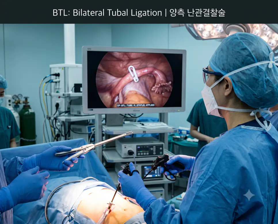 산부인과 복강경 수술실에서 외과의가 모니터를 보며 나팔관에 영구 피임 클립을 체결하는 양측 난관결찰술 현장과 상단에 "BTL: Bilateral Tubal Ligation | 양측 난관결찰술" 타이틀만 절제되어 들어간 수술실 사진