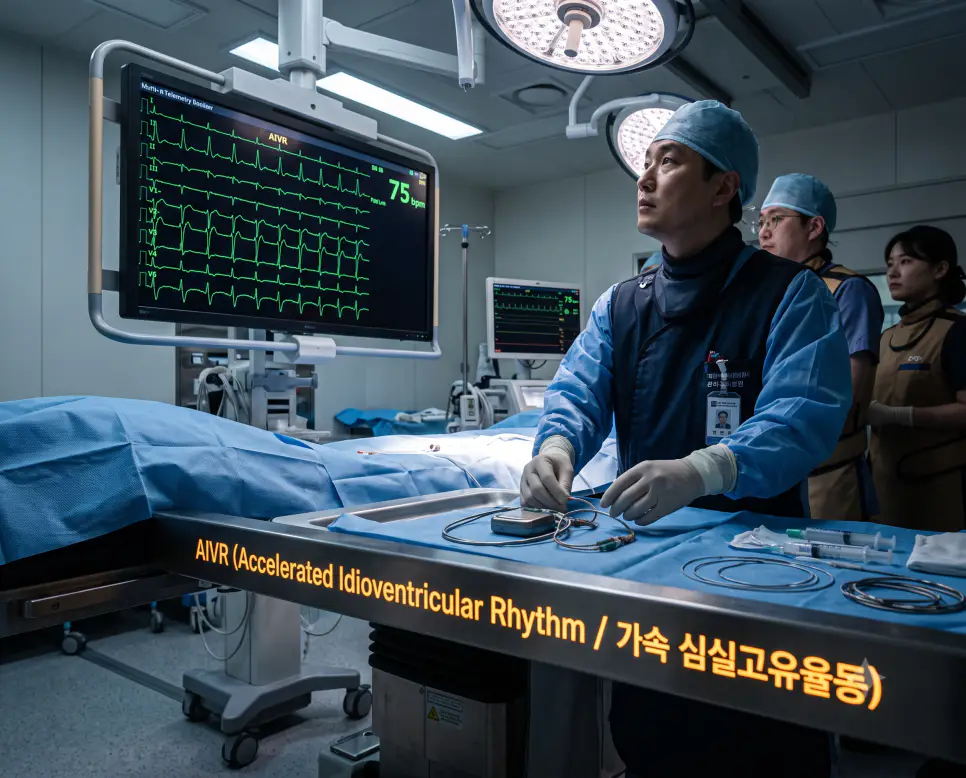 심혈관 조영실 로우앵글 시점에서 중재시술팀이 스텐트 삽입 직후 모니터에 나타난 가속 심실고유율동 재관류 심전도 파형을 확인하며 테이블에 "AIVR (Accelerated Idioventricular Rhythm / 가속 심실고유율동)" 텍스트가 각인된 극실사 시술실 이미지