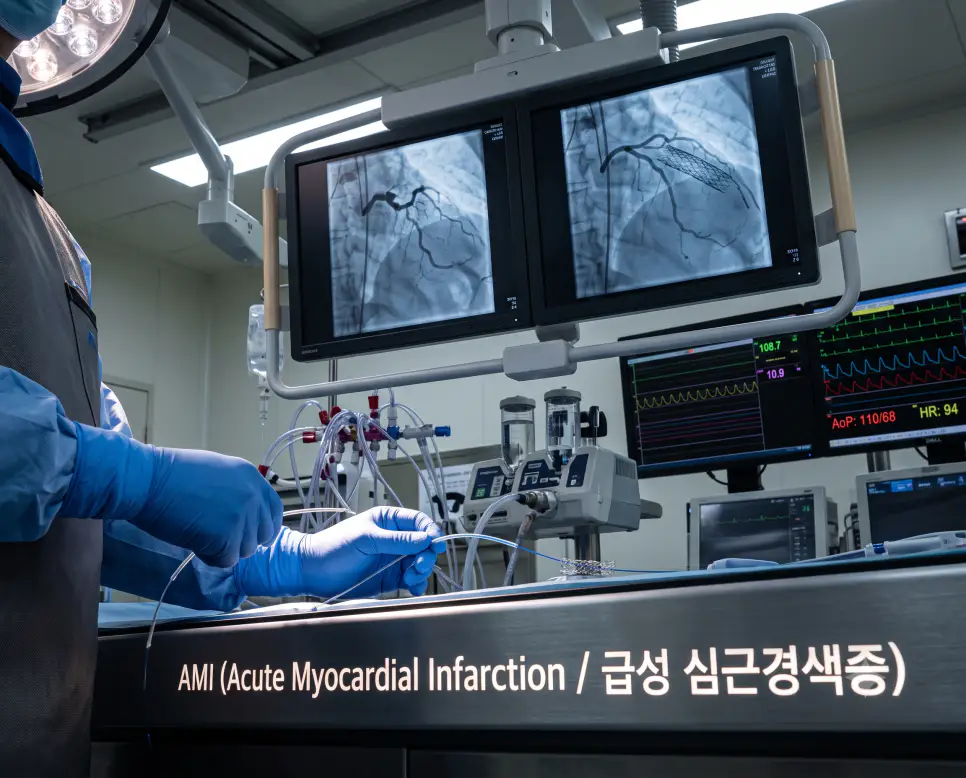 심혈관조영실 로우앵글 시점에서 순환기내과 전문의가 급성 심근경색증 환자의 막힌 관상동맥에 스텐트 재개통 시술을 시행하며 장비에 "AMI (Acute Myocardial Infarction / 급성 심근경색증)" 텍스트가 각인된 극실사 중재시술 사진