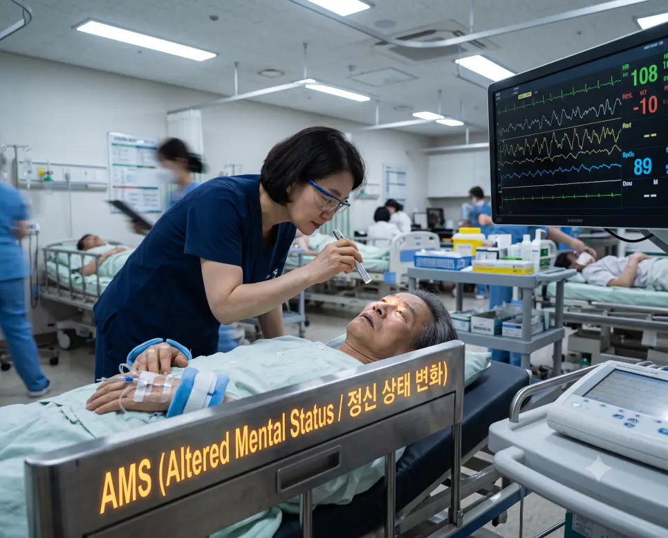 응급실 로우앵글 시점에서 의료진이 급성 정신 상태 변화 환자의 동공 반응과 뇌파를 점검하며 침대 레일에 "AMS (Altered Mental Status / 정신 상태 변화)" 텍스트가 표시된 극실사 응급진료 이미지