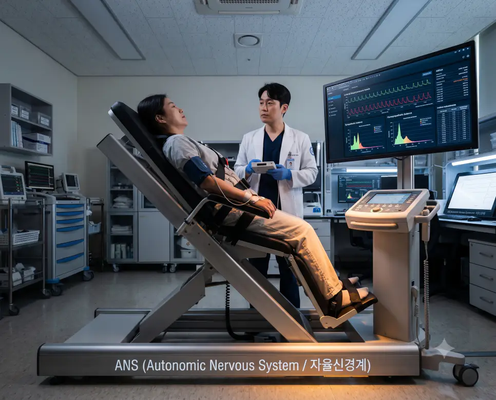 신경과 자율신경 검사실 로우앵글 시점에서 전문의가 기립경사 테이블 검사 중 심박 변이도와 혈압 변화를 분석하며 테이블 레일에 "ANS (Autonomic Nervous System / 자율신경계)" 텍스트가 각인된 극실사 검사실 사진