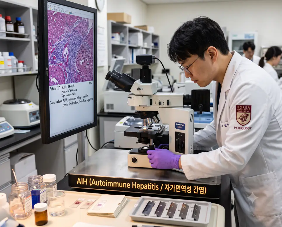 병리과 의사가 편광 현미경으로 자가면역성 간염 환자의 계면 간염 조직 슬라이드를 판독하며 현미경 베이스에 "AIH (Autoimmune Hepatitis / 자가면역성 간염)" 텍스트가 각인된 극실사 간병리학 검사 이미지