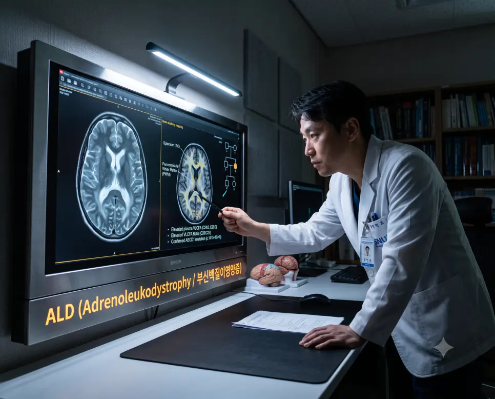 소아신경과 판독실 로우앵글 시점에서 전문의가 부신백질이영양증 환아의 뇌 MRI 백질 탈수초 병변을 분석하며 장비 트림에 "ALD (Adrenoleukodystrophy / 부신백질이영양증)" 텍스트가 표시된 극실사 영상 판독 이미지