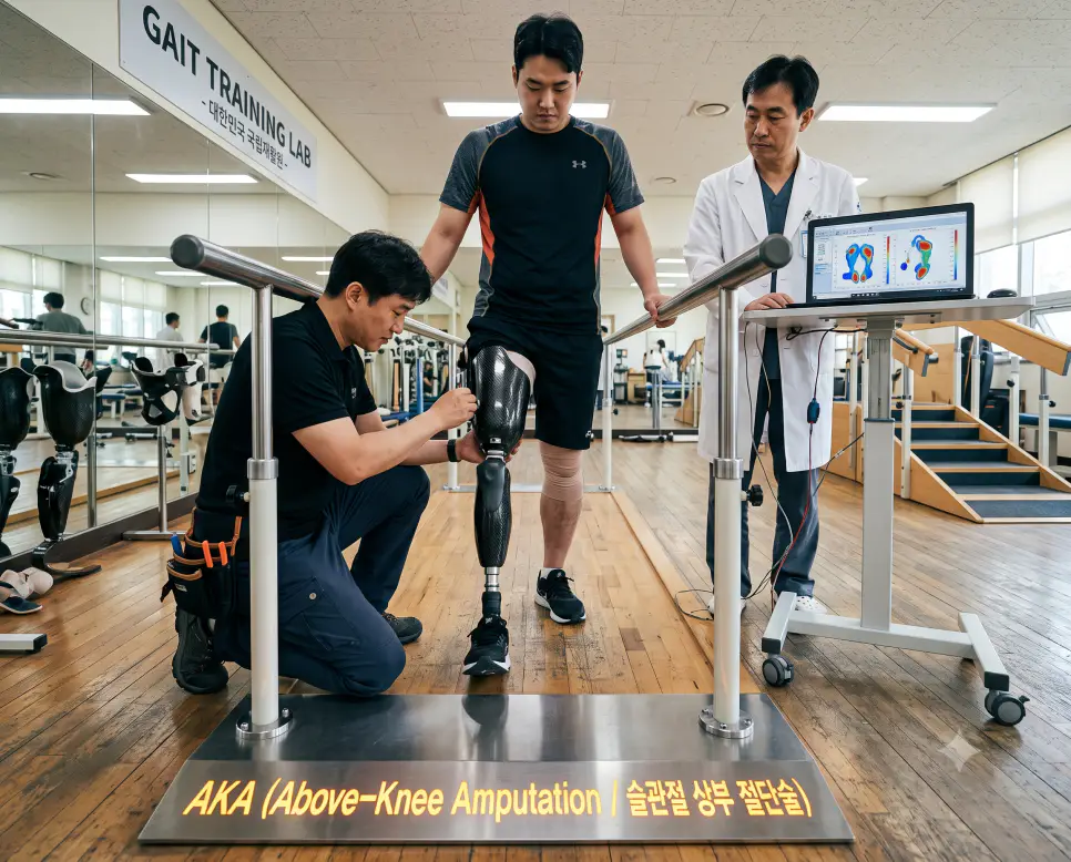 재활의학과 보조기실 로우앵글 시점에서 의료진과 기사가 슬관절 상부 절단 환자의 대퇴의지 소켓 정렬 및 보행 체중 부하를 평가하며 평행봉에 "AKA (Above-Knee Amputation / 슬관절 상부 절단술)" 텍스트가 표시된 극실사 재활치료 이미지