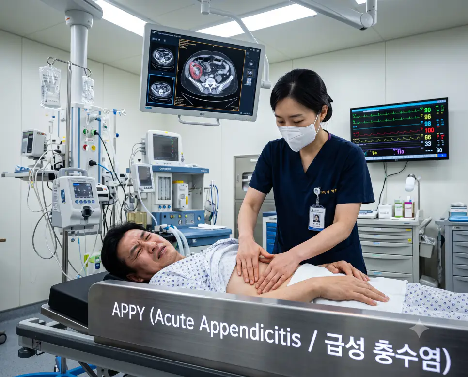 외과 병동 응급실 로우앵글 시점에서 전문의가 급성 충수염 환자의 맥버니점을 압진하고 CT 판독 장비에 "APPY (Acute Appendicitis / 급성 충수염)" 텍스트가 표시된 극실사 임상 사진