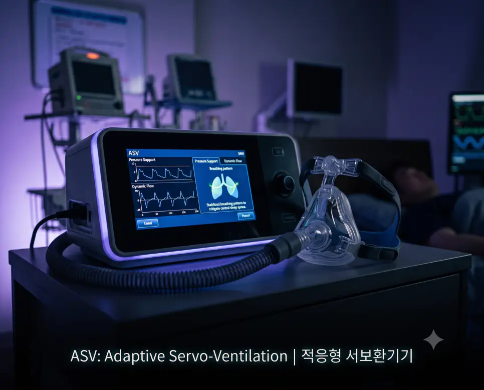 어두운 수면다원검사실 로우앵글 시점에서 은은하게 빛나는 서보환기기 디스플레이와 "ASV: Adaptive Servo-Ventilation | 적응형 서보환기기" 모던 폰트가 어우러진 극실사 수면치료 기술 이미지