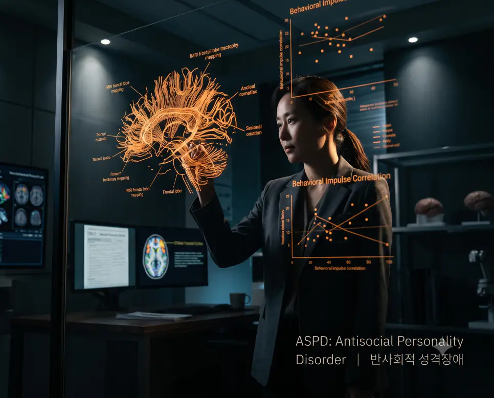 흑백과 앰버 조명이 대비되는 로우앵글 시점에서 뇌기능 fMRI 활성 지도를 분석하며 우측 하단에 "ASPD: Antisocial Personality Disorder | 반사회적 성격장애" 텍스트가 무드있게 배치된 극실사 심리연구 사진