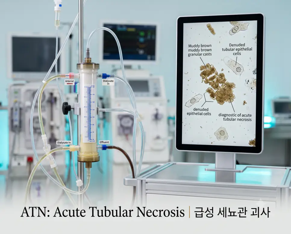 신장 집중치료실 매크로 시점에서 CRRT 투석 회로와 세뇨관 괴사 과립 원주 현미경 소견을 판독하며 하단에 "ATN: Acute Tubular Necrosis | 급성 세뇨관 괴사" 세련된 타이포가 들어간 극실사 신장병리 사진