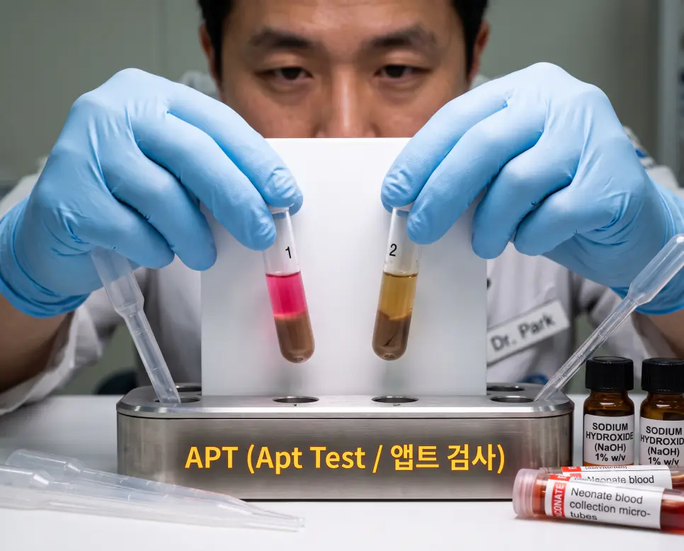 신생아실 검사대 매크로 시점에서 소아과 의사가 앱트 검사 알칼리 변성 후 분홍색 태아혈색소 반응 시험관을 판독하며 림에 "APT (Apt Test / 앱트 검사)" 텍스트가 표시된 극실사 임상 이미지
