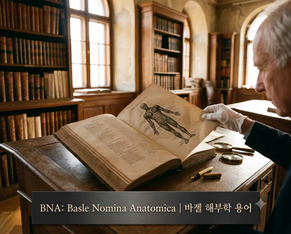 의학 고서 보존 도서관에서 교수가 1895년 초판 바젤 해부학 용어(BNA) 원전 고서를 넘기며 해부도를 검토하는 정경과 하단에 "BNA: Basle Nomina Anatomica | 바젤 해부학 용어" 타이포그래피가 조화롭게 들어간 역사적 기록 사진