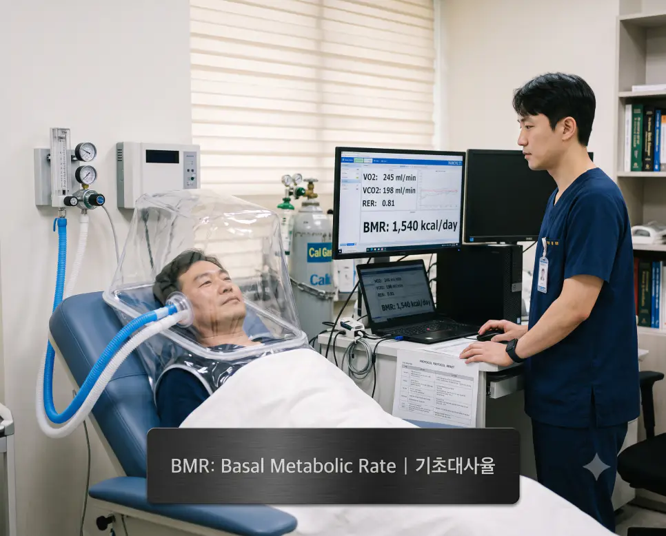 대사기능검사실에서 환자가 간접 열량 측정기 후드를 착용하고 기초대사율(1,540 kcal/day)을 정밀 측정하는 모습과 하단에 "BMR: Basal Metabolic Rate | 기초대사율" 타이포그래피가 조화롭게 들어간 호흡생리학 검사 이미지