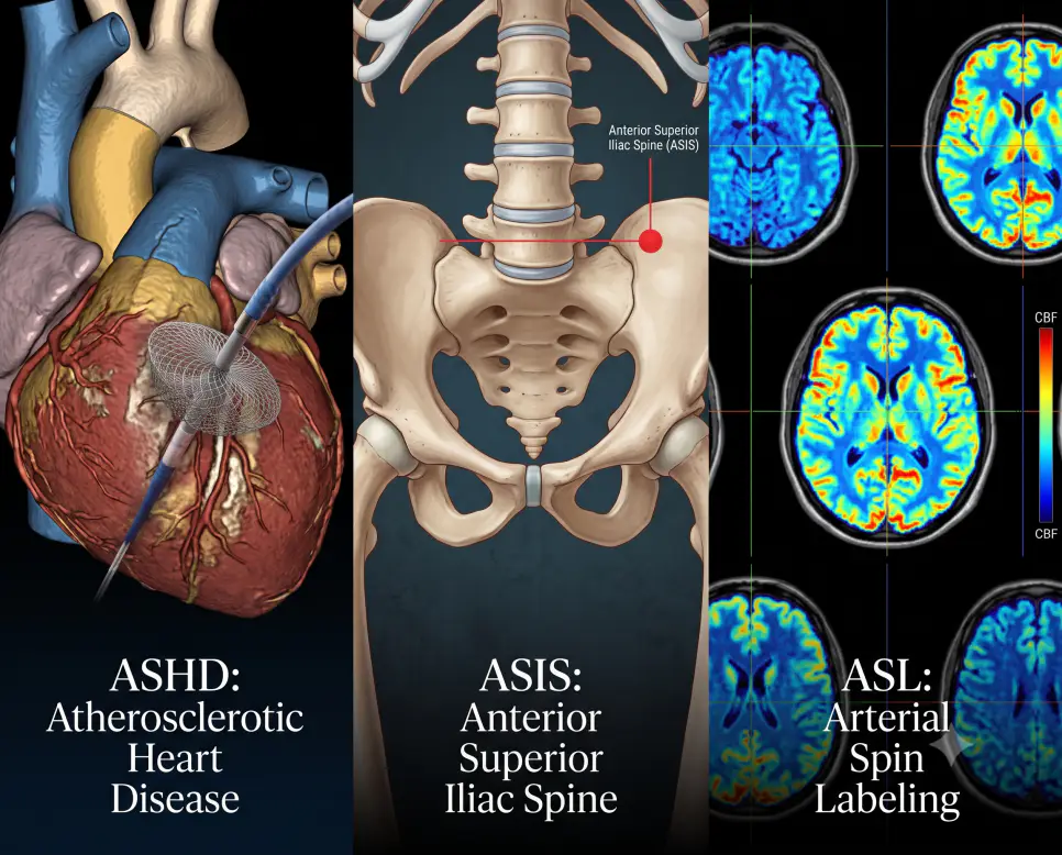 ASHD 관상동맥 조영, ASIS 골반 해부학적 랜드마크, ASL 뇌혈류 관류 영상 판독 현장을 현대적인 의학 포스터 레이아웃과 세련된 타이포그래피로 연출한 3분할 파노라마 인포그래픽