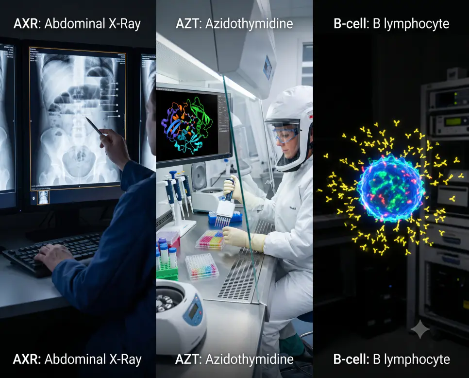 AXR 복부 방사선 판독, AZT 항바이러스 약리 연구, B-cell 공초점 면역 현미경을 서로 다른 3가지 시각 장르와 세련된 타이포그래피로 엮어낸 3분할 파노라마 인포그래픽 포스터