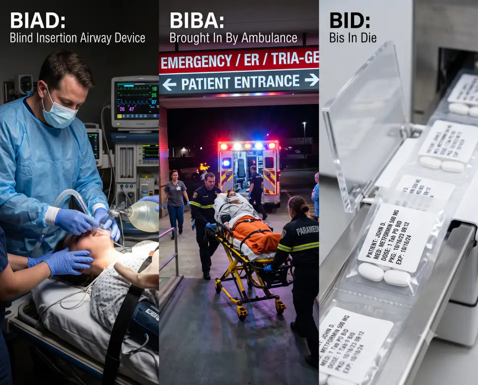 BIAD 응급 기도유지기 처치, BIBA 야간 구급차 긴급 이송, BID 스마트 약제 조제 검수 현장을 각각 다른 장르와 조화로운 타이포그래피로 엮어낸 3분할 파노라마 인포그래픽 포스터
