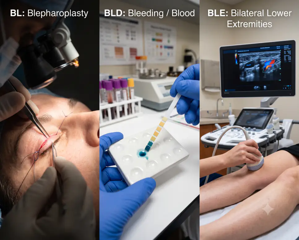 BL 안검성형술 미세 수술, BLD 요화학 잠혈 분석, BLE 양측 하지 혈관초음파 검사를 서로 다른 3가지 전문 분야와 조화로운 타이포그래피로 엮어낸 3분할 파노라마 인포그래픽 포스터