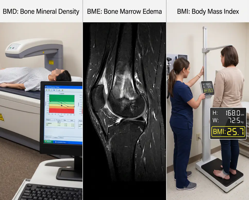 BMD 골밀도 DEXA 검사, BME 슬관절 MRI 골수부종 판독, BMI 디지털 신체계측 진료 현장을 3가지 다른 임상 환경과 조화로운 타이포그래피로 엮어낸 3분할 파노라마 인포그래픽 포스터