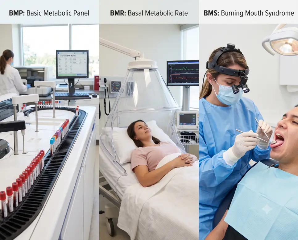 BMP 자동 생화학 패널 검사, BMR 호흡가스 기초대사율 측정, BMS 구강내과 신경병증 진료 현장을 3가지 다른 임상 환경과 조화로운 타이포그래피로 엮어낸 3분할 파노라마 인포그래픽 포스터